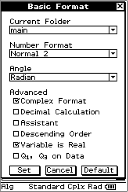 ClassPad Complex Numbers Settings